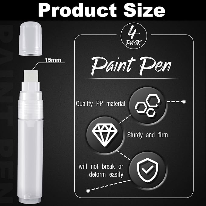 Epakh 4 Pack White Paint Pens Empty Acrylic Permanent Clear White Marker Pen Fine Point Empty Refillable Markers for Rock Painting Wood Ceramic Metallic Graffiti Paper Drawing(15 mm)