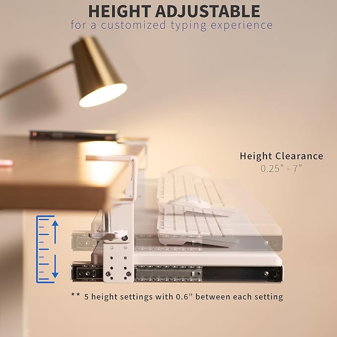 VIVO Large Height Adjustable Under Desk Keyboard Tray, C-clamp Mount System, 27 (33 Including Clamps) x 11 inch Slide-Out Platform Computer Drawer for Typing, White, MOUNT-KB05HW