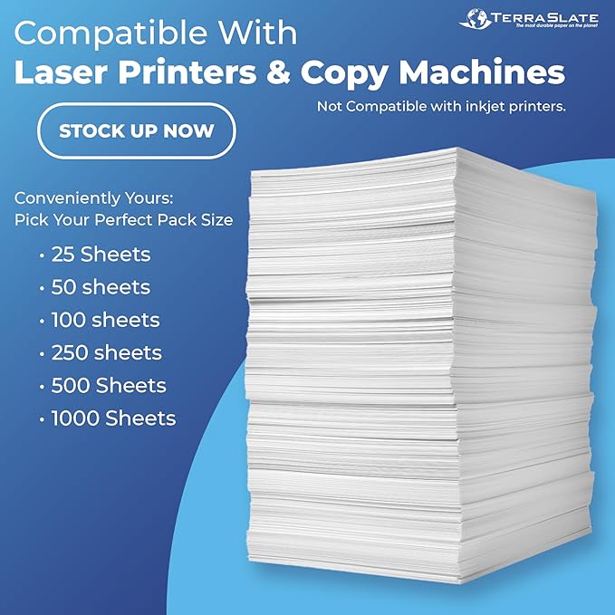 TerraSlate Copy Paper Waterproof Laser Printer, Rain Weatherproof, 5 Mil, 8.5x11-inch, 500 Sheets
