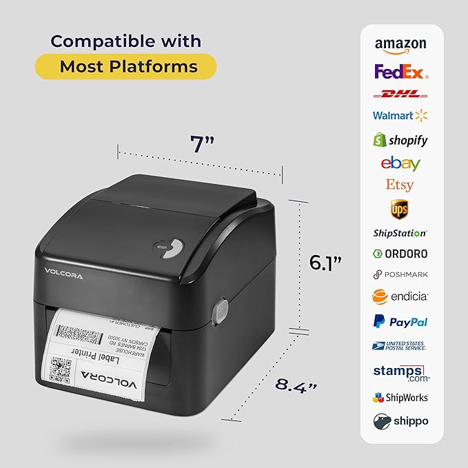 Volcora Thermal Label Printer with Ethernet/USB - Desktop 4x6 Shipping Label Printer, Compatible with Windows, Linux, Mac - Ideal for Small Business, Inkless Printer for Shipping Packages (Black)