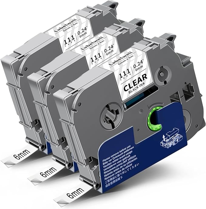 3-Pack TZe-111 Tape Compatible for Label Maker Tape Clear 6mm 0.23 Inch Label Tape TZe111 TZ-111 Black on Clear Refills for P Touch PT-H110 D220 D200 D210 H103W 1280 1290