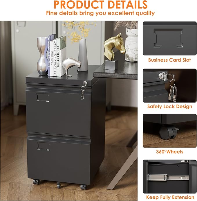 Aobabo Metal 2 Drawer Office File Cabinet with Lock, Under Desk Office Steel Files Cabinet on Wheels, 25.6''H Legal/Letter A4 Size, Assembly Required, Black