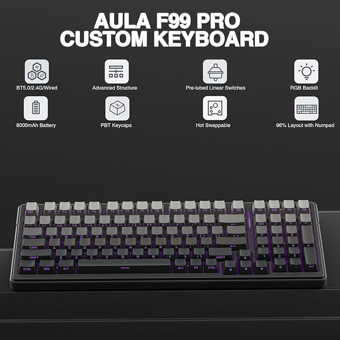 AULA F99 Pro Wireless Mechanical Keyboard,Hot Swappable Custom Keyboard,RGB Backlit,Pre-lubed Linear Switches,Side Printed PBT Keycaps,2.4GHz/USB-C/BT5.0 Mechanical Gaming Keyboards