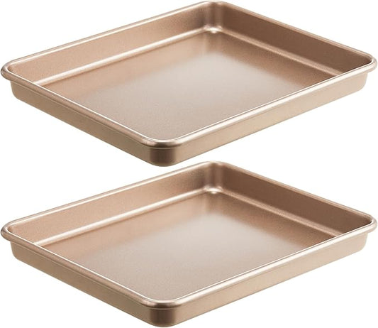 HONGBAKE 2 Pack 11 x 9 Inch Toaster Oven Pans and Trays, Small Baking Sheet Set for Cooking, Non-Stick Cookie Sheets, Heavy-Duty 0.8mm Thick, Easy to Clean, 1.26 Inch Deep, Gold