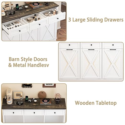 Triple 13 Gallons Tilt Out Trash Cabinet, Farmhouse Garbage Recycling Cabinet with Power Outlets, 3 Drawers, Pet Proof, Freestanding Kitchen Trash Bin Cabinets, White