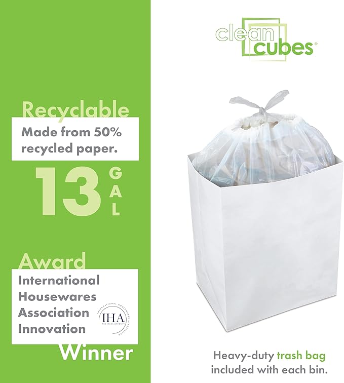 | 13 Gallon Disposable Trash Cans (3-Pack) with Fitted Trash Bags - Reusable Garbage and Recycling Bins for Parties, Events, and More (White - 17" Height x 13.5" Width x 10" Depth)