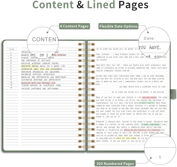 EMSHOI Spiral Notebook College Ruled, 300 Numbered Pages, B5 Large Hardcover Leather, 100 GSM Thick Lined Journal for Women Men Work Writing Journaling Note Taking, 7.48" x 10.15", Light Green