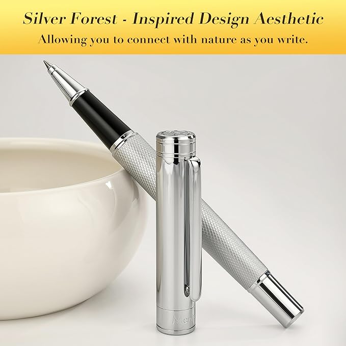 Silver Rollerball Pen, Stunning Luxury Pen with Mesh Texture Design, Bright Silver Chrome Finish, Schmidt refill, Nice Gift Set for Men & Women, Executive, Office, Graduation, Fancy Pens