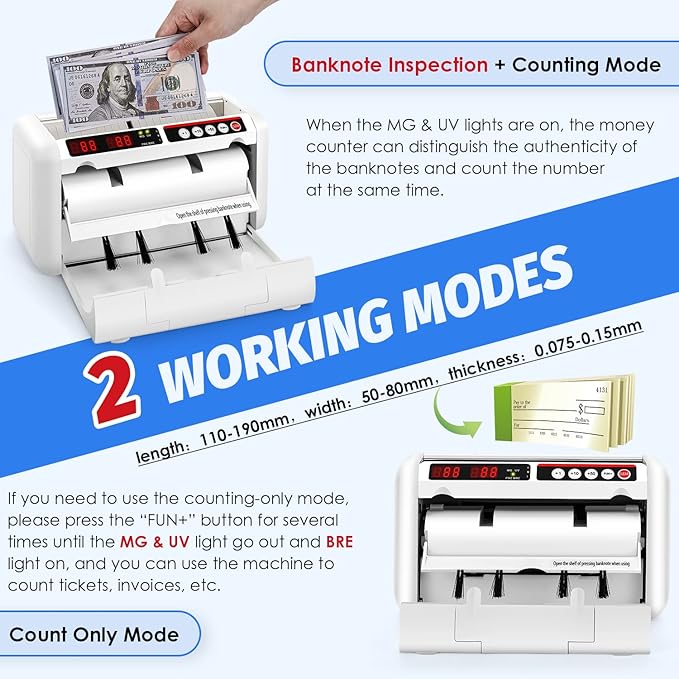 Battery Operated Bill Counter Machine, Portable Rechargeable Money Counter with UV MG Detection, 800pcs/min Counting Speed, Take Anywhere with A Backpack for Multi-Currency Or Tickets