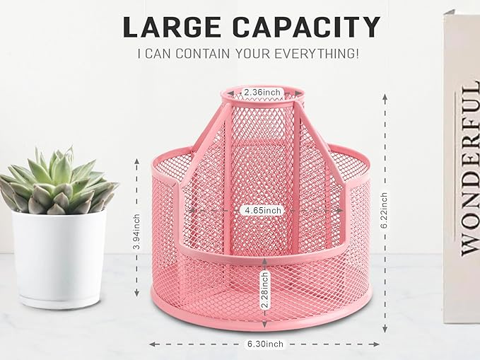 Sturdy Rotating Pen Holder, Cute Metal Pencil Holder, Large Mesh Pen Organizer for Desk, Premium Friendly Office Desk Accessories & Workspace Organizers, Pink