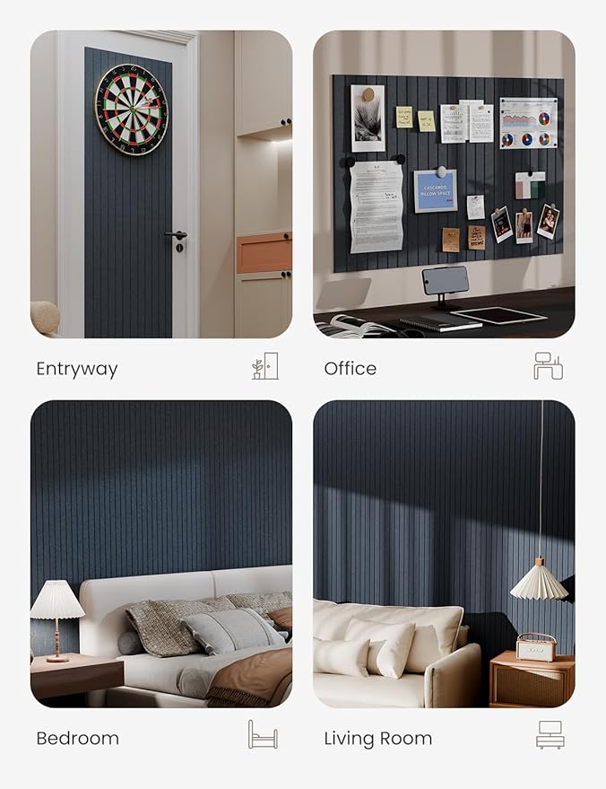 Bumusty Large Cork Board Alternative-36 x24 Felt Bulletin Board, with 30 Pushpins, 40 Adhesive Tabs, 6-Pack Slat Wall Paneling, Cork Boards for Office Push Pin Board Felt Board-Deep Charcoal Blue