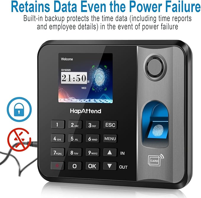 Time Clock - Fingerprint Time Clocks for Employees Small Business Automatic Calculate Hours, H1 Standalone Offline Biometric Clock in Machine for Employees with 5 RFID Cards (0 Monthly Fees)