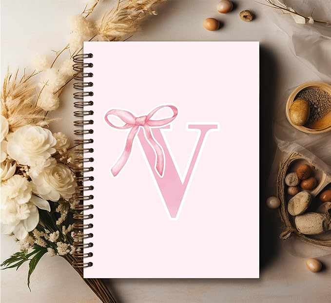 Coquette Trendy Preppy Pink Bow Spiral Notebook,Initial V Journal Personalized Teen Girl Gifts,Monogrammed Gifts for Women Teen Girl,College Ruled Hardcover Spiral Notebook 5.5 x 8.3