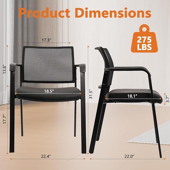 CLATINA Stackable Office Chair, Mesh Back Guest Chairs with Comfortable Leather Seat Arms Stacking Ergonomic Desk Chair No Wheels for Conference Waiting Reception School Side Stationary, Black