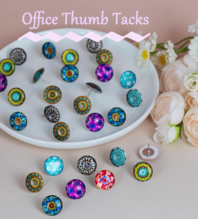 24Pcs Mandala Push Pins,Thumb Tacks for Bulletin Board,Decorative Pins Push, Cork Board Thumbtacks,Photos Wall Maps,Cute Thumbtack for Desk Accessories,Classroom,Home and Office Decor(Mandala)