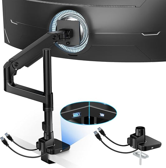ARES WING Ultrawide Monitor Mount with USB A/C, with Extended Column for 17 to 49 inch Heavy Duty Monitor, Holds 44 lbs, Adjustable Gas Spring Desk Mount, Black