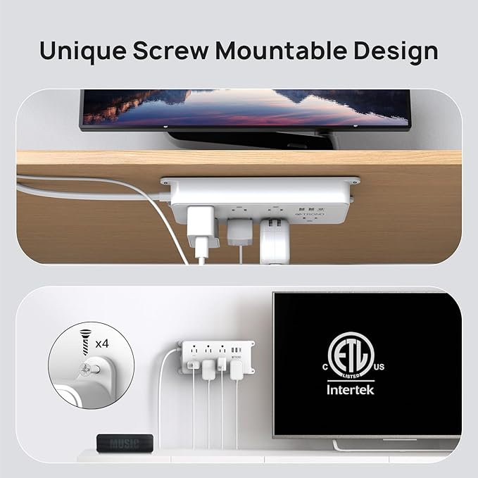 TROND Surge Protector Power Strip 10ft, ETL Listed, Flat Plug Long Extension Cord with 2 USB A and 1 USB C, 7 Widely-Spaced Outlets, Wall Mountable, 1700 Joules, White