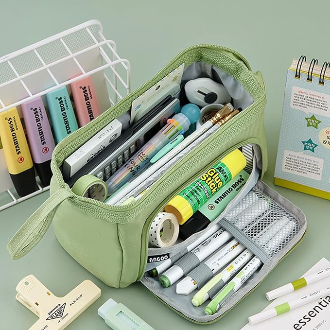 Pencil Case Pouch Large Capacity with Compartments, Pencil Case Pouch Bag with Zipper Handle for Teen Girls Boys Adults Women Men, Portable Pen Bag Stationery Organizer for Office School Travel, Green