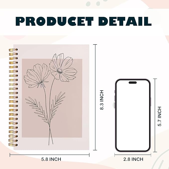 BearCake Pink Boho Floral Notebook Journal for Women, Minimalist Boho Floral Notebook,Hardcover Spiral Journal Notebook 5.5x8.3