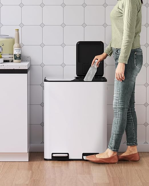 Arlopu 16Gal Dual Trash Can w/2 Built-in Box for Odor Control, Hands-Free Kitchen Garbage Bin, Recycle Waste Dustbin, Soft-Close Lid, 2 Buckets,Foot Pedal, Side Handle, Airtight,for Home Office