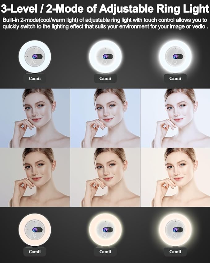 2K Webcam with Light, HD Webcam for PC with Built-in Privacy Cover, Adjustable Brightness, Noise Reduction Mics, for Zoom Skype Teams Laptop and Google Meet