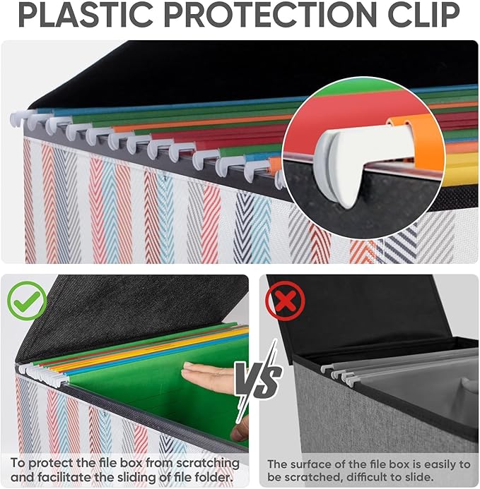 BALEINE File Organizer Box with Lid, Collapsible File Folder Organizer with Plastic Slide, Hanging File Folder Box for Office Document Storage (2 Pack, Color Stripe)