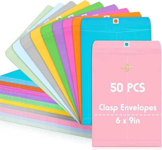Geyee 50 Pcs 6 x 9 Inch Mixed Colors Manilla Clasp Envelopes Letter Size Mailing Envelopes with Clasp Closure for Filing Storing Documents Office Home Business School