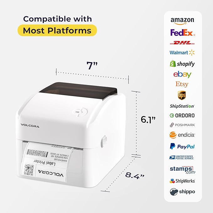 Volcora Thermal Label Printer with Ethernet/USB - Desktop 4x6 Shipping Label Printer, Compatible with Windows, Linux, Mac - Ideal for Small Business, Inkless Printer for Shipping Packages (White)