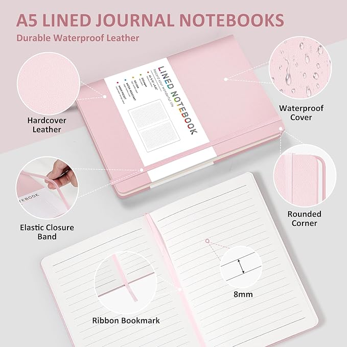 Lined Journal Notebook for Women Men, 200 Pages A5 Hardcover Leather Journals for Writing,Travel,School,Office,Work,Business,College Ruled Notebooks for Note Taking, Diary Notepad 5.7"×8.3"(Pink)