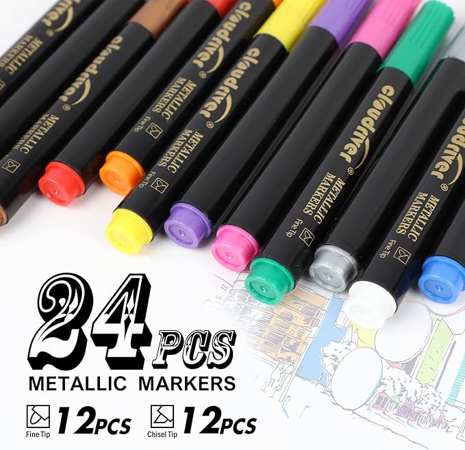 cloudriver Metallic Markers, 24 Count, 12 Assorted Colors, Fine and Chisel Tip, Metallic Marker Pens For Black Paper, Art Rock Painting, Easter Egg, Card Making, Scrapbook Crafts