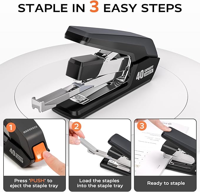 Effortless Stapler for Desk with 40-50 Sheet Capacity, 2000 Staples, 1-Touch Stapling, Ergonomic & Easy to Load Desktop Staplers, Heavy Duty Stapler, and Magnetic Staple Remover, Black