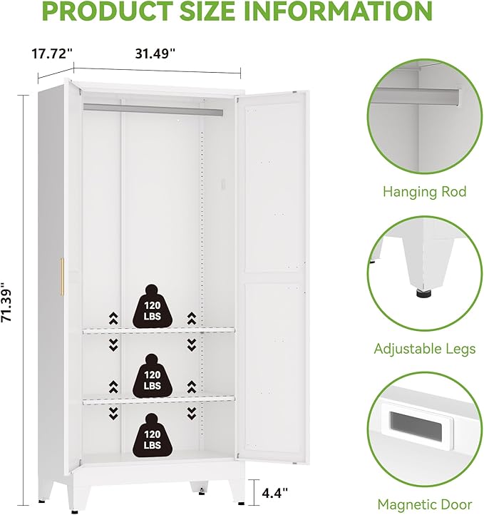 Metal Wardrobe Cabinet with Hanging Rod,Large 71" Armoire Wardrobe Closet with Adjustable Shelves,Farmhouse Metal Clothing Storage Cabinets for Bedroom,Office,Laundry Room(White)