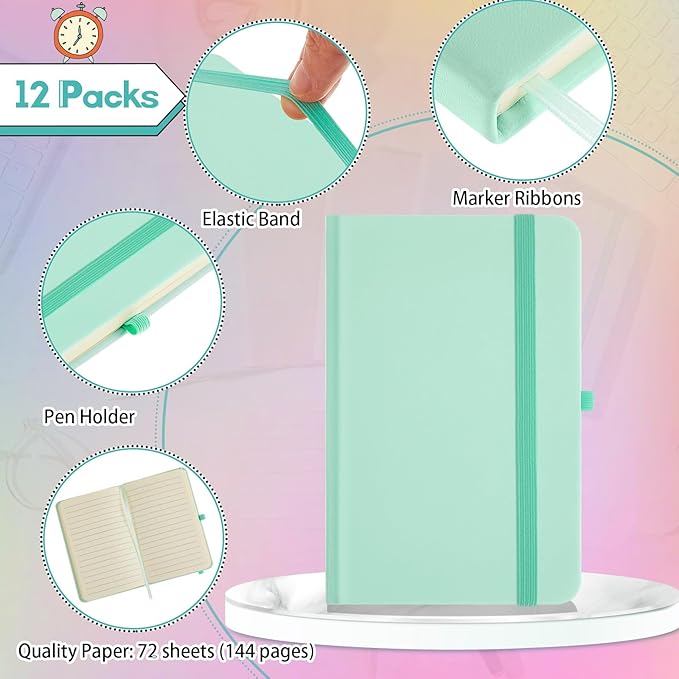 Laumoi 12 Pieces Small Notebooks A6 Pocket Journals 3.5 x 5.5 Inch Small Leather Notebook Mini Ruled Lined Journal with Elastic Band Pen Holder Page Marker Ribbons (Macaron Colors)