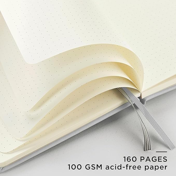 &And Per Se Dotted Journal Notebook, A5 Hardcover Leather Bullet Dotted Journal, 160 Pages 100 gsm Thick Dotted Paper，3 Sheets of Stickers Included - 5.7'' x 8''（Grey）