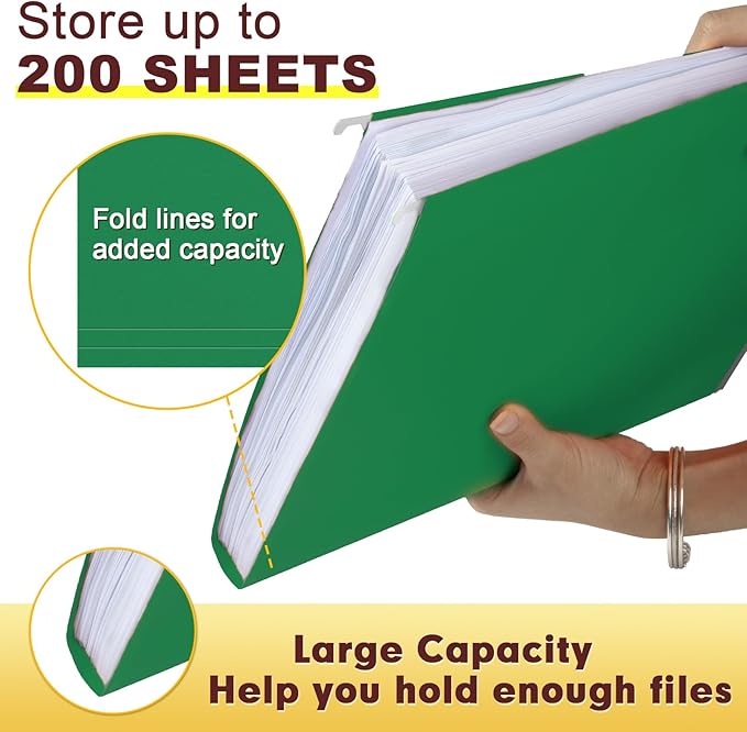 HERKKA Hanging File Folders, 60 Pack Reinforced Letter Size Hanging Folders, Designed for Bulky Files, Filing Cabinet, 1/5-Cut Adjustable Tabs (Green)