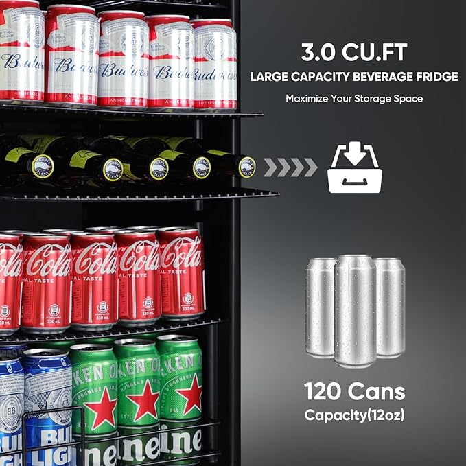 120 Can Beverage Refrigerator – Mini Fridge with Glass Door for Soda Beer or Wine, Beverage Cooler for Bedroom, Office, Bar with Adjustable Shelves & Digital Temperature Display, Silver
