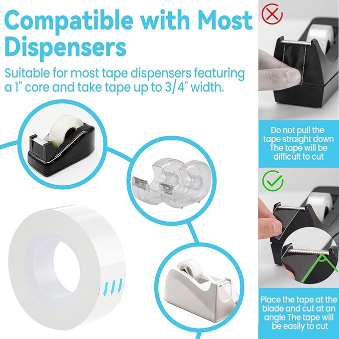 Transparent Tape Refill - Tear by Hand, 3/4" x 1000 inches, 16 Clear Tape Rolls for Dispenser, Back to School Supplies