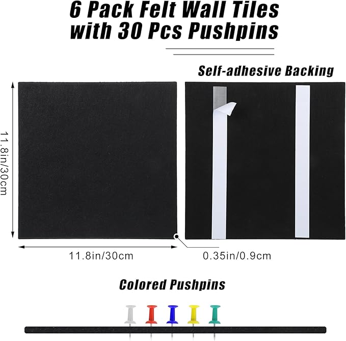 Large Cork Board 36" x 24", 6 Pack Felt Wall Tiles with 30 Pcs Pushpins, Bulletin Board with Removable Self-Adhesive Strips, Pin Boards Cork Boards for Walls Office Home Classroom Decor-Black