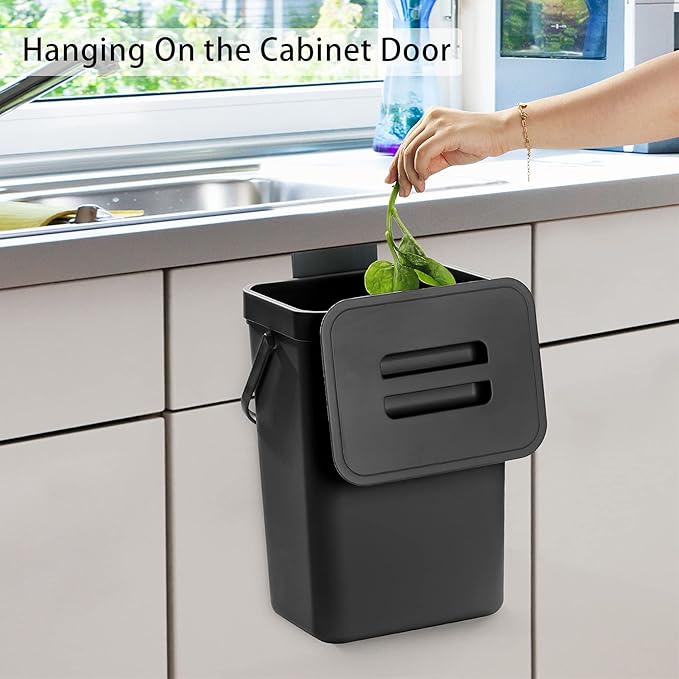 stonespace Under Sink Trash Can，Kitchen Compost Bin, Diaper Pail, 3.2 Gallon/12L Hanging Garbage Can for Baby Crib/Bathroom/Cupboard, Plastic Food Waste Bin,1 Pack Black