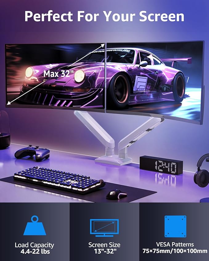 Dual Monitor Mount for 32 27 24 22inch Screens, Gas Spring Monitor Stand for 2 Monitor, Full Adjustable Monitors Desk Mount with C-Clamp＆Grommet Base, Each Arm Holds 4.4-22 lbs, Freelift Pro White