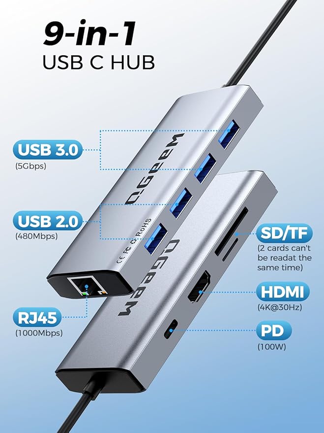 QGeeM USB C Hub Ethernet,9 in 1 USB Type C Hub HDMI Multi-Port Converter Adapter,100W Pd, USB 3.0,SD/TF Card Reader,Compatible for MacBook Pro Air Ipad HP Dell Lenovo Chromebook etc.