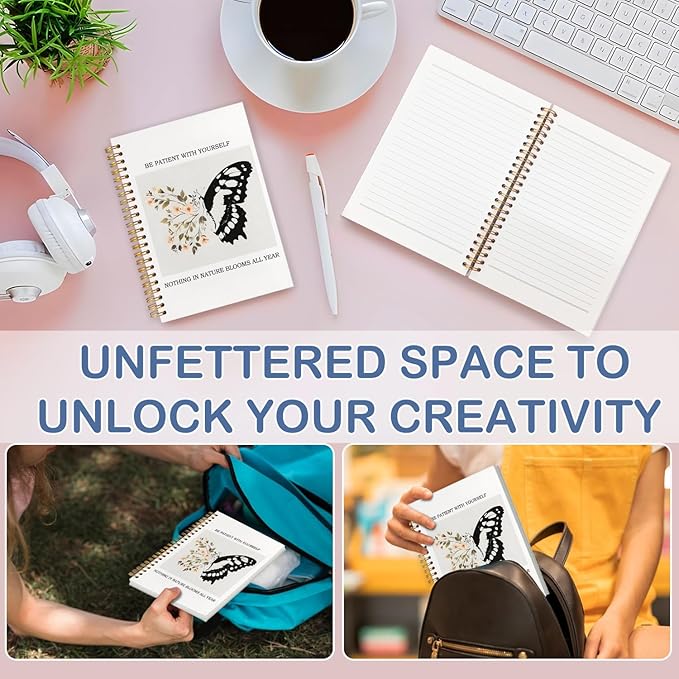 SNNDER Inspirational Butterfly Notebook Journal, Be Patient with Yourself Therapy Mental Health Journal for Women, Encouragement Gifts for Women, Hardcover Spiral Notebooks 5.5x8.3 Inch