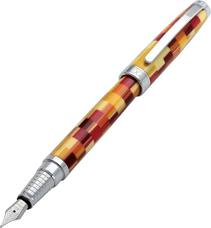Xezo Urbanite Fountain Pen, Medium Nib. Retro Red, Yellow, Orange, and Cream Acrylic on Brass. Chrome Plated. Limited Edition and Serialized. No Two Alike