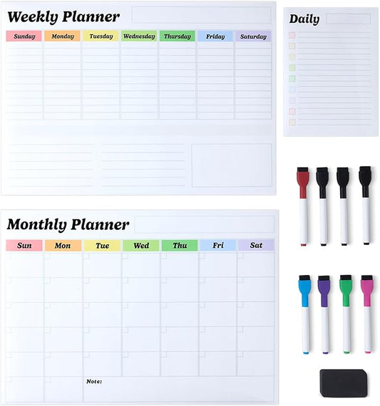 Amazon Basics Magnetic Dry Erase Calendar Whiteboard Set (3-Pack) for Fridge, 8 Markers and Eraser