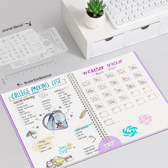 AHGXG Bullet Dotted Journal - Dot Grid Spiral Notebook 8.5" x 11", A4 Large Dotted Notebook, 100 GSM Thick Paper, Waterproof Plastic Cover Journals for Bullet Journaling, Sketching, Purple