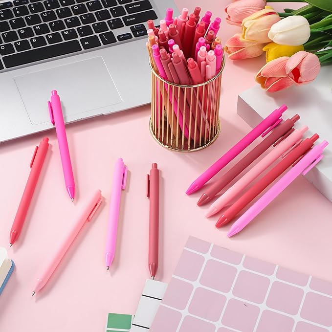50 Pcs Ballpoint Pens Bulk Retractable Writing 1. 0 mm Black Ink Cute Pens Smooth Writing Color Fancy Gift for Teacher Student Employee Office School Home Baby Shower Supplies (Pink Series)