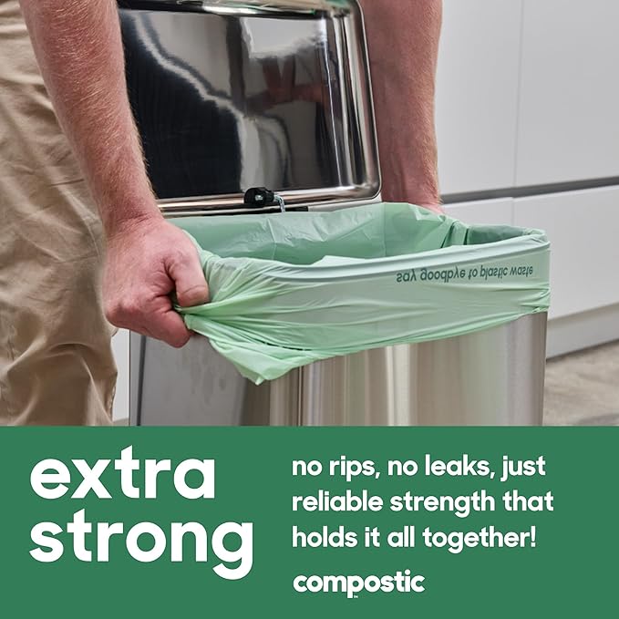 Home Compostable Trash Bags, 13 Gallon Tall Kitchen Rubbish Bags (23” x 29”), Extra Strong & Quickly Breaks Down, 100 Count
