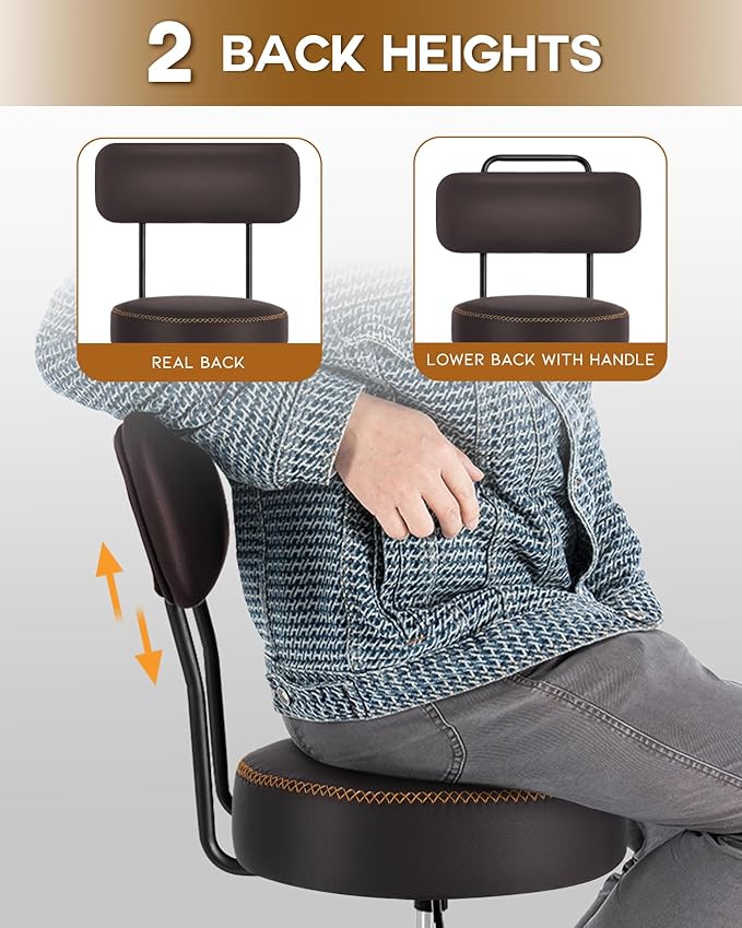 Shop Stool with Lockable Rubber Wheels Adjustable Backrest Tool Tray Storage 400 lb Capacity Rolling Garage Stool (Coffee)