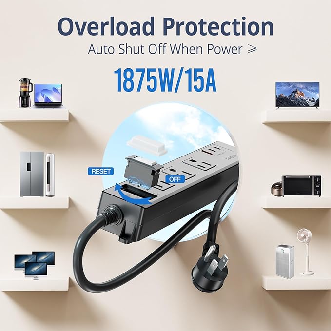 USB Outdoor Power Strip Weatherproof, Waterproof Surge Protector with 3 Wide Outlet with 3 USB Ports, Shockproof Overload Protection,15FT Extension Cord for Outside Decorations,Christmas Lights,Patio