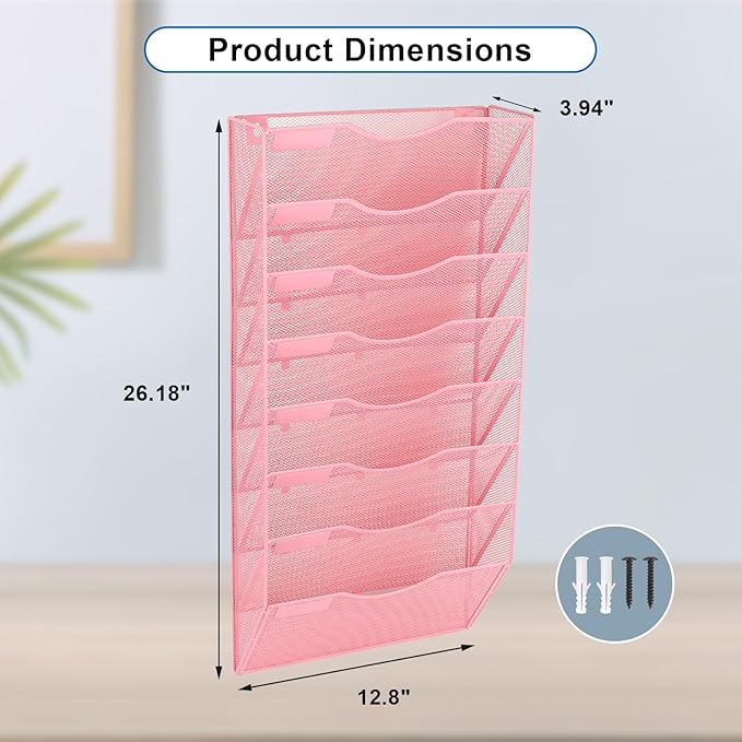 EASEPRES 8 Pocket Mesh Hanging Wall File Organizer, Wall Mounted Mail Paper Document Folder Holder, Clipboard Storage Organization Magazine Rack with Nametag Label for Office Home School, Pink